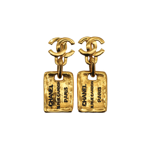 VINTAGE CHANEL EARRINGS COCOMARK LOGO PLATE GOLD ACCESSORY 90322935