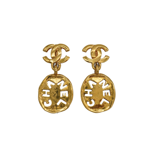 VINTAGE CHANEL EARRINGS COCOMARK LOGO SWING GOLD ACCESSORY 90339128