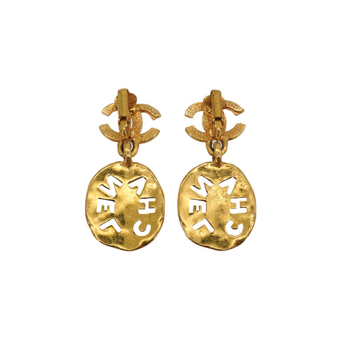 VINTAGE CHANEL EARRINGS COCOMARK LOGO SWING GOLD ACCESSORY 90339128