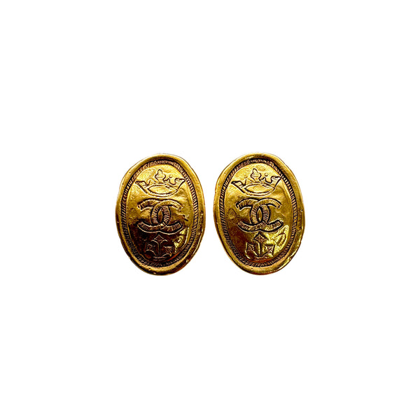 VINTAGE CHANEL EARRINGS COCOMARK OVAL GOLD ACCESSORY 26 90325931