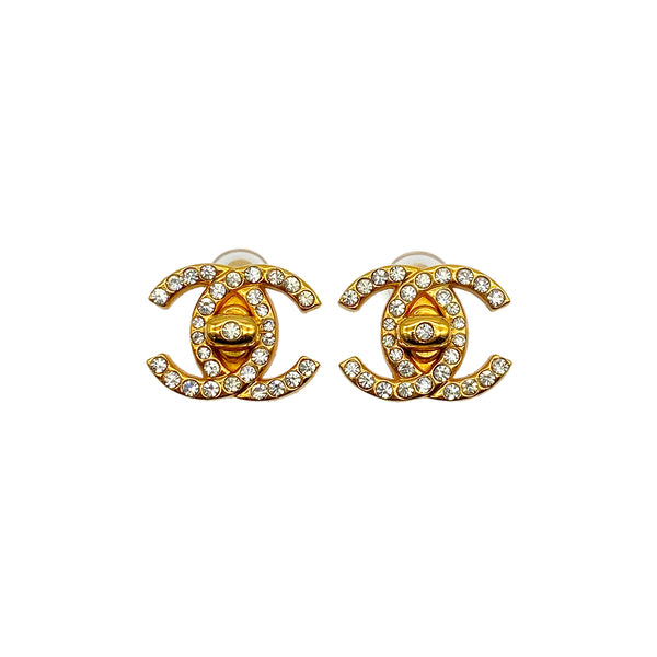VINTAGE CHANEL EARRINGS TURN LOCK COCOMARK RHINESTONE GOLD ACCESSORY 96A 90323110