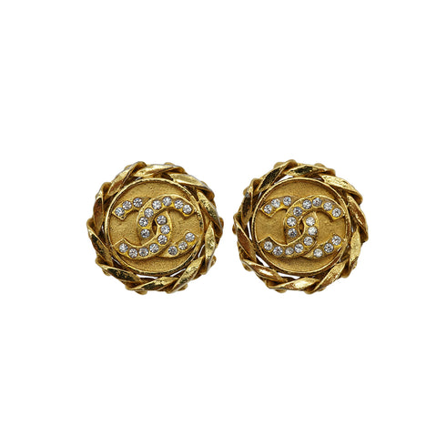 VINTAGE CHANEL EARRINGS COCOMARK RHINESTONE ROUND GOLD ACCESSORY 23 90330682