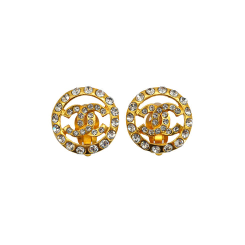 VINTAGE CHANEL EARRINGS COCOMARK RHINESTONE ROUND GOLD ACCESSORY 90335740