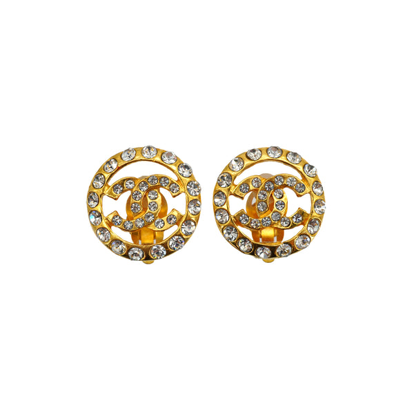 VINTAGE CHANEL EARRINGS COCOMARK RHINESTONE ROUND GOLD ACCESSORY 90335740