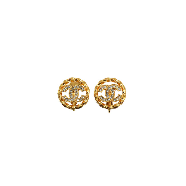 VINTAGE CHANEL EARRINGS COCOMARK RHINESTONE ROUND GOLD ACCESSORY 90337682
