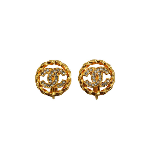 VINTAGE CHANEL EARRINGS COCOMARK RHINESTONE ROUND GOLD ACCESSORY 90345095