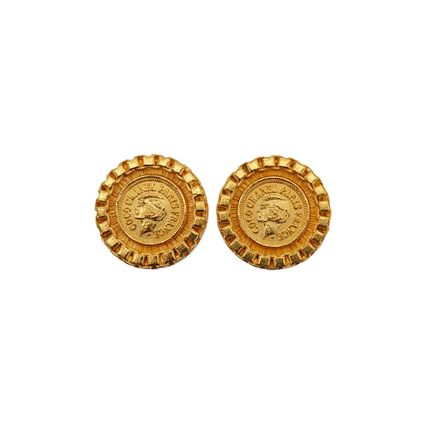 VINTAGE CHANEL EARRINGS COIN MOTIF ROUND ACCESSORY 95A 90334879