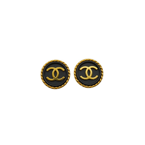 VINTAGE CHANEL EARRINGS COCOMARK ROUND BLACK GOLD ACCESSORY 90339676