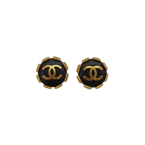 VINTAGE CHANEL EARRINGS COCOMARK ROUND BLACK GOLD ACCESSORY 94P 90330684