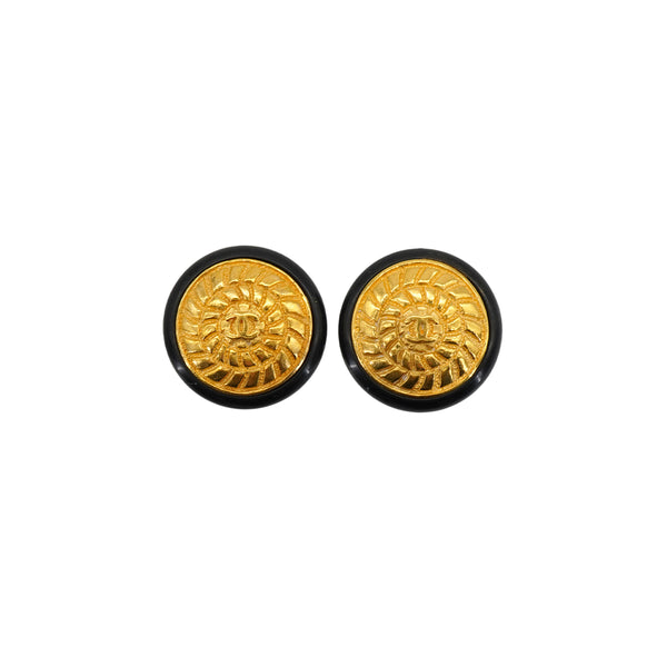 VINTAGE CHANEL EARRINGS COCOMARK ROUND BLACK GOLD ACCESSORY 95A 90334886