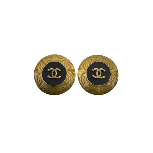 VINTAGE CHANEL EARRINGS COCOMARK ROUND BLACK GOLD ACCESSORY 95P 90323104