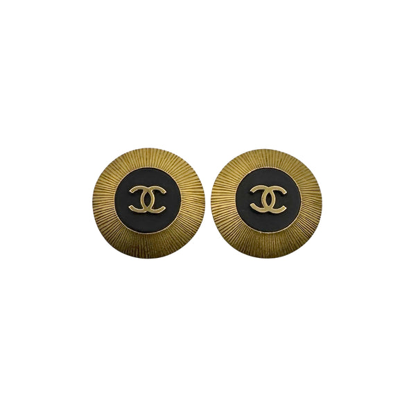 VINTAGE CHANEL EARRINGS COCOMARK ROUND BLACK GOLD ACCESSORY 95P 90323104