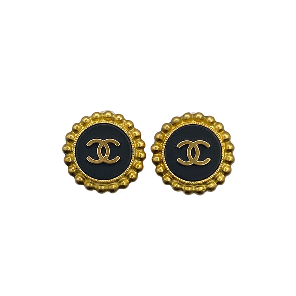 VINTAGE CHANEL EARRINGS COCOMARK ROUND BLACK GOLD ACCESSORY 95P 90326871