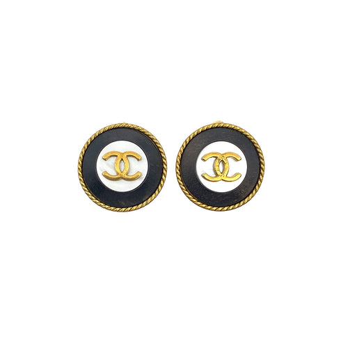 VINTAGE CHANEL EARRINGS COCOMARK ROUND GOLD BLACK ACCESSORY 94A 90321046