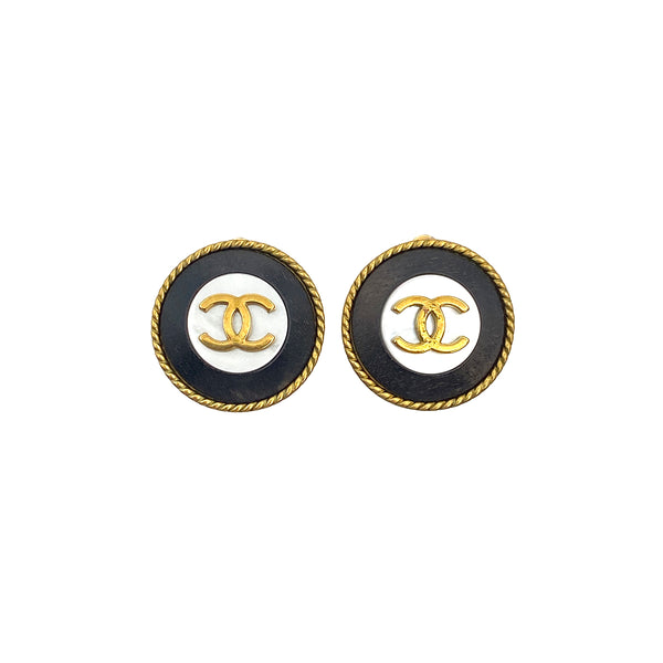 VINTAGE CHANEL EARRINGS COCOMARK ROUND GOLD BLACK ACCESSORY 94A 90321046