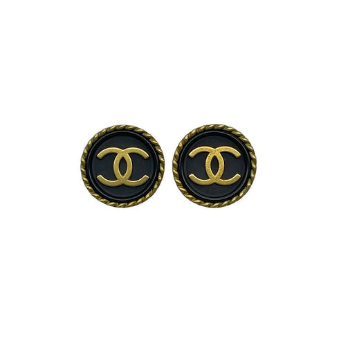 VINTAGE CHANEL EARRINGS COCOMARK ROUND GOLD BLACK ACCESSORY 94A 90322158