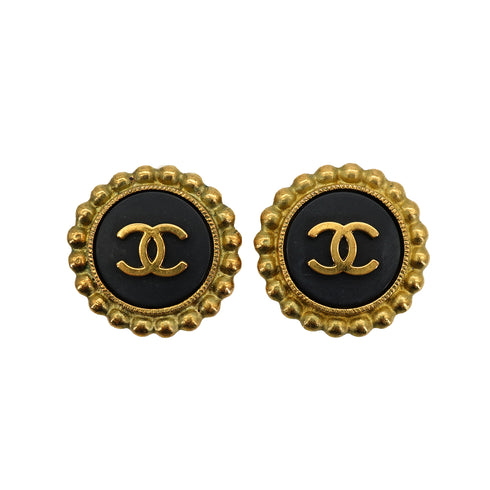 VINTAGE CHANEL EARRINGS COCOMARK ROUND GOLD BLACK ACCESSORY 95P 90335633