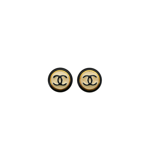 VINTAGE CHANEL EARRINGS COCOMARK ROUND GOLD BLACK ACCESSORY 96A 90347804