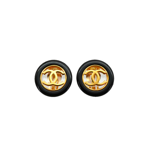 VINTAGE CHANEL EARRINGS COCOMARK ROUND GOLD BLACK ACCESSORY 97A 90347807