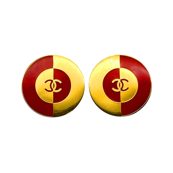 VINTAGE CHANEL EARRINGS COCOMARK ROUND RED GOLD ACCESSORY 90325622