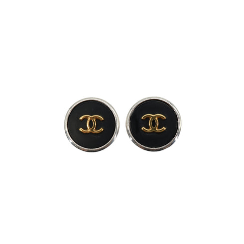 VINTAGE CHANEL EARRINGS COCOMARK ROUND SILVER BLACK ACCESSORY 96P 90335625