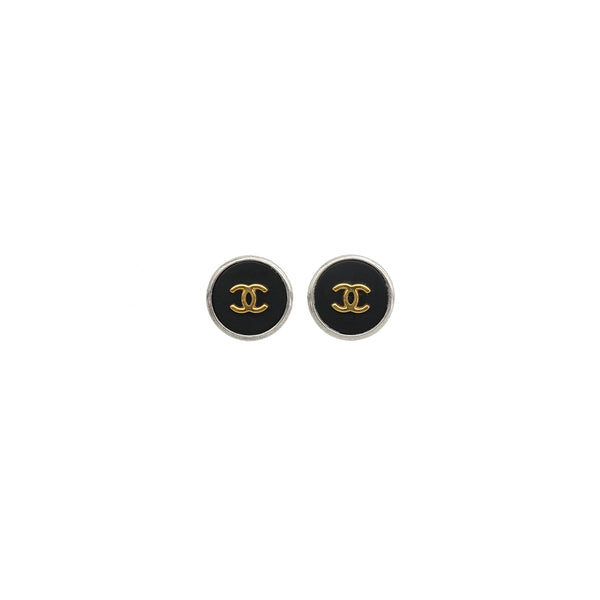 VINTAGE CHANEL EARRINGS COCOMARK ROUND SILVER BLACK ACCESSORY 96P 90337670