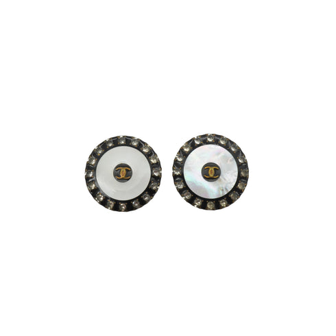 VINTAGE CHANEL EARRINGS COCOMARK SHELL RHINESTONE ROUND GOLD BLACK ACCESSORY 97A 90350545