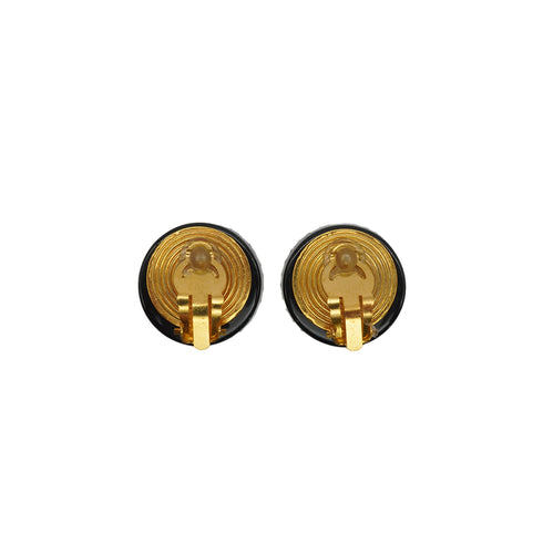 VINTAGE CHANEL EARRINGS COCOMARK SHELL RHINESTONE ROUND GOLD BLACK ACCESSORY 97A 90350545