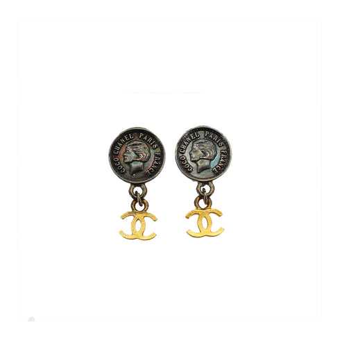 VINTAGE CHANEL EARRINGS COIN MOTIF COCOMARK SWING BLACK GOLD ACCESSORY 96A 90339129