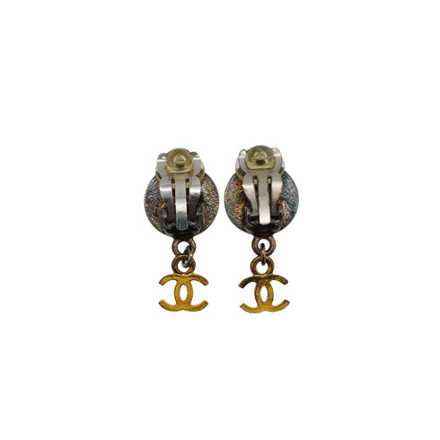 VINTAGE CHANEL EARRINGS COIN MOTIF COCOMARK SWING BLACK GOLD ACCESSORY 96A 90339129