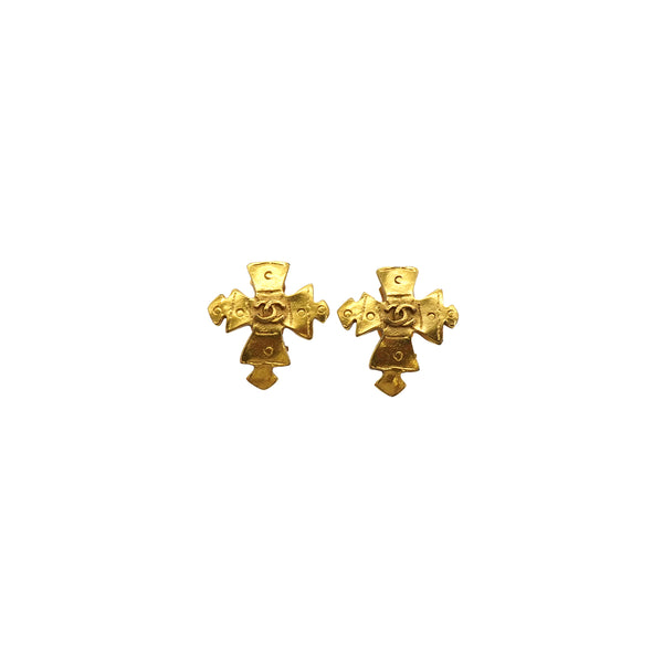 VINTAGE CHANEL EARRINGS CROSS COCOMARK GOLD ACCESSORY 94P 90337702