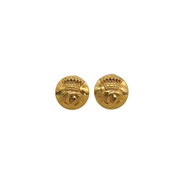 VINTAGE CHANEL EARRINGS CROWN COCOMARK ROUND GOLD ACCESSORY 96A 90339135