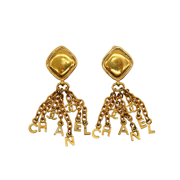 VINTAGE CHANEL EARRINGS FRINGE LOGO GOLD ACCESSORY 90334182