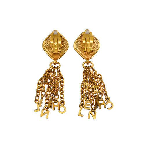 VINTAGE CHANEL EARRINGS FRINGE LOGO GOLD ACCESSORY 90334182