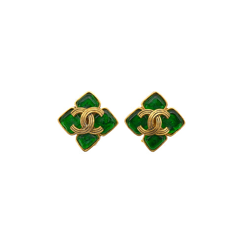 VINTAGE CHANEL EARRINGS GRIPOIX COCOMARK GREEN GOLD ACCESSORY 94A 90339168