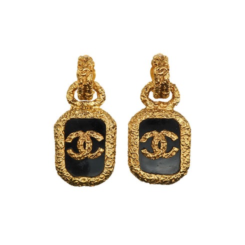 VINTAGE CHANEL EARRINGS LAVA COCOMARK SWING GOLD BLACK ACCESSORY 93A 90346692