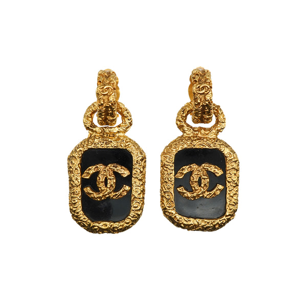 VINTAGE CHANEL EARRINGS LAVA COCOMARK SWING GOLD BLACK ACCESSORY 93A 90346692