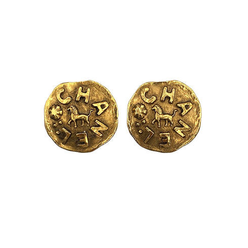 VINTAGE CHANEL EARRINGS LION LOGO GOLD ACCESSORY 23 90321091