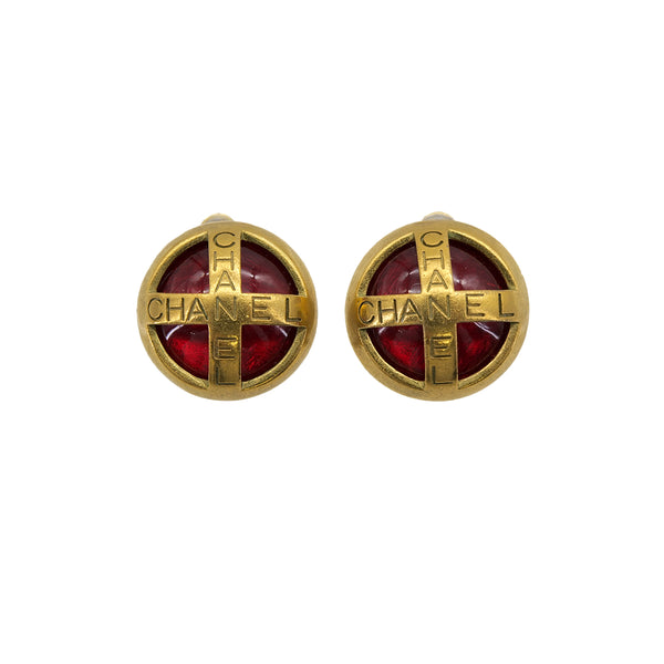 VINTAGE CHANEL EARRINGS LOGO COLOR STONE RED GOLD 95P ACCESSORY 90312952