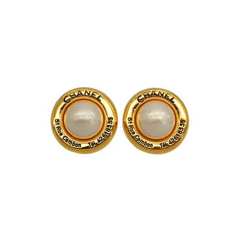VINTAGE CHANEL EARRINGS LOGO FAUX PEARL ROUND GOLD ACCESSORY 90338258