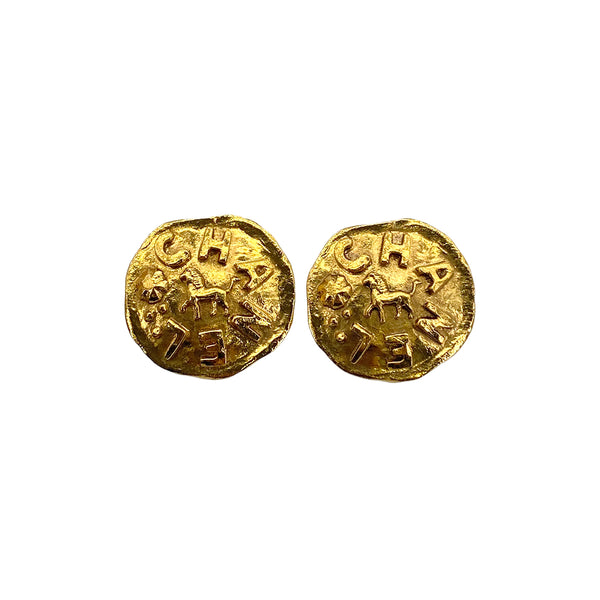 VINTAGE CHANEL EARRINGS LOGO LION MOTIF GOLD ACCESSORY 23 90323986