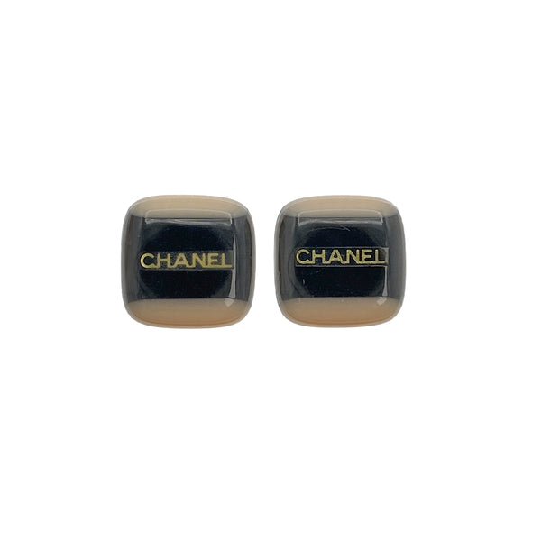 VINTAGE CHANEL EARRINGS LOGO SQUARE BLACK BEIGE ACCESSORY 01A 90321094