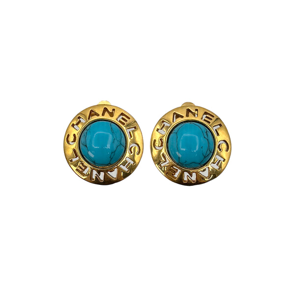VINTAGE CHANEL EARRINGS LOGO TURQUOISE BLUE GOLD ACCESSORY 90323116