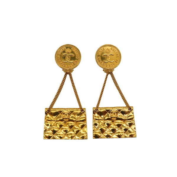 VINTAGE CHANEL EARRINGS MATELASSE BAG MOTIF GOLD ACCESSORY 23 90326639