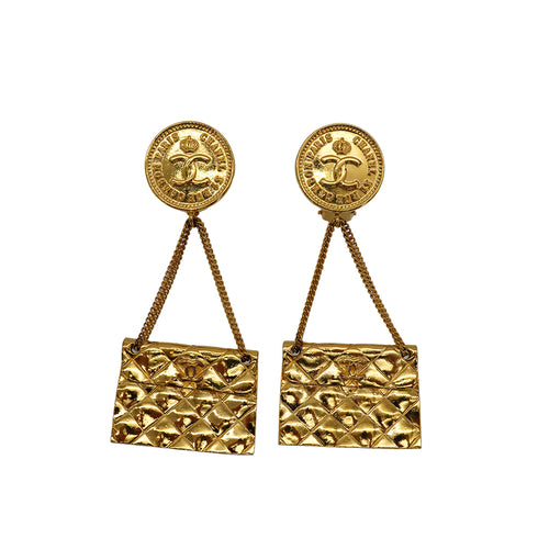 VINTAGE CHANEL EARRINGS MATELASSE BAG MOTIF GOLD ACCESSORY 26 90330663