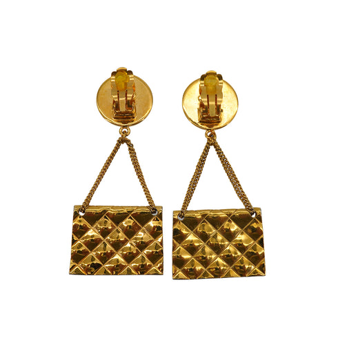 VINTAGE CHANEL EARRINGS MATELASSE BAG MOTIF GOLD ACCESSORY 95A 90331379