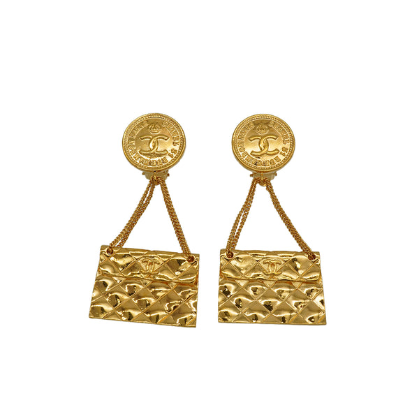 VINTAGE CHANEL EARRINGS MATELLASSE MOTIF COCOMARK SWING GOLD ACCESSORY 93A 90349286