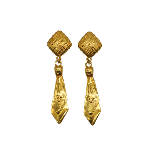 VINTAGE CHANEL EARRINGS NECKTIE MOTIF COCOMARK SWING GOLD ACCESSORY 90338907