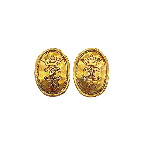 VINTAGE CHANEL EARRINGS OVAL COCOMARK GOLD ACCESSORY 26 90325278
