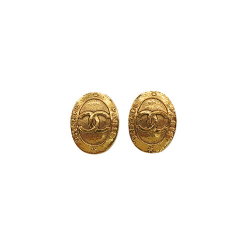VINTAGE CHANEL EARRINGS OVAL COCOMARK LOGO GOLD ACCESSORY 28 90335631